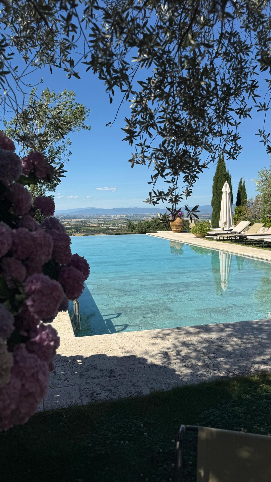 Basen typu infinity otoczony kwiatami z widokiem na Toskanię